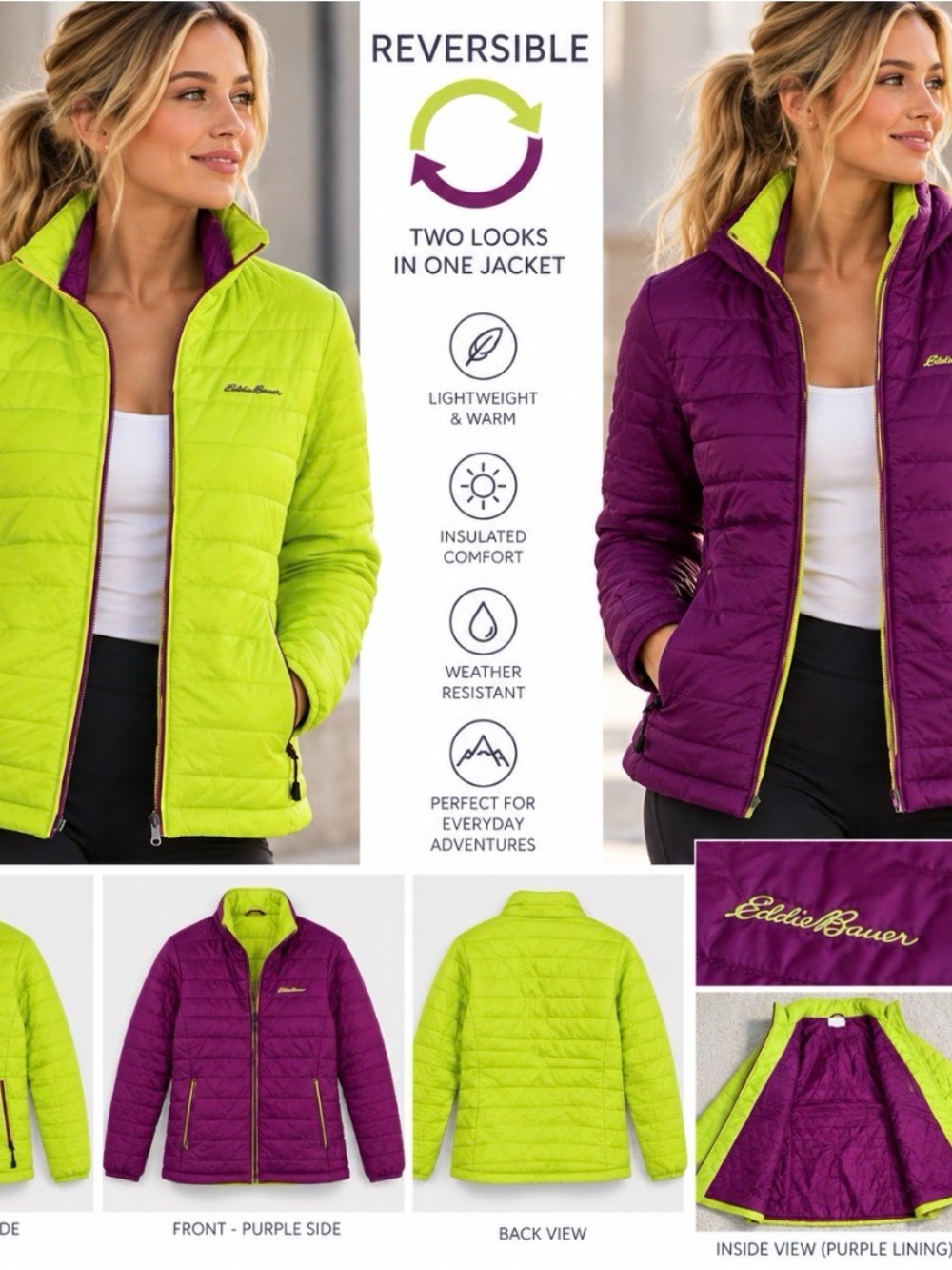 Eddie Bauer Reversible Puffer Jacket in Lime Green and Purple